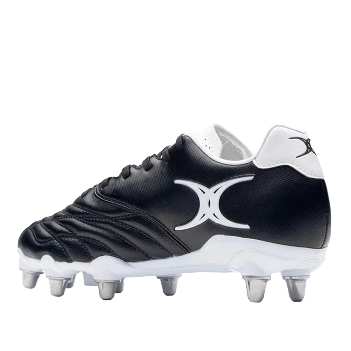 The Gilbert Sidestep Icon 8S SG rugby boots in black and white are designed for soft ground, featuring metal studs, a white Gilbert logo on the side, and a textured upper design.