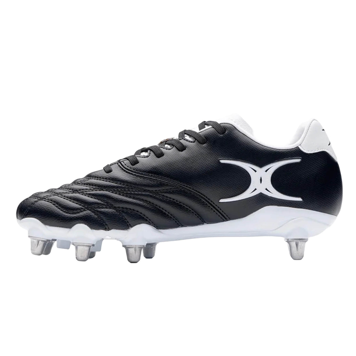 The Gilbert Sidestep Icon 8S SG - Black/White rugby boot from Gilbert features metal studs for soft ground performance, a white side logo, and black laces.