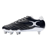 The Gilbert Sidestep Icon 8S SG - Black/White rugby boot from Gilbert features metal studs for soft ground performance, a white side logo, and black laces.