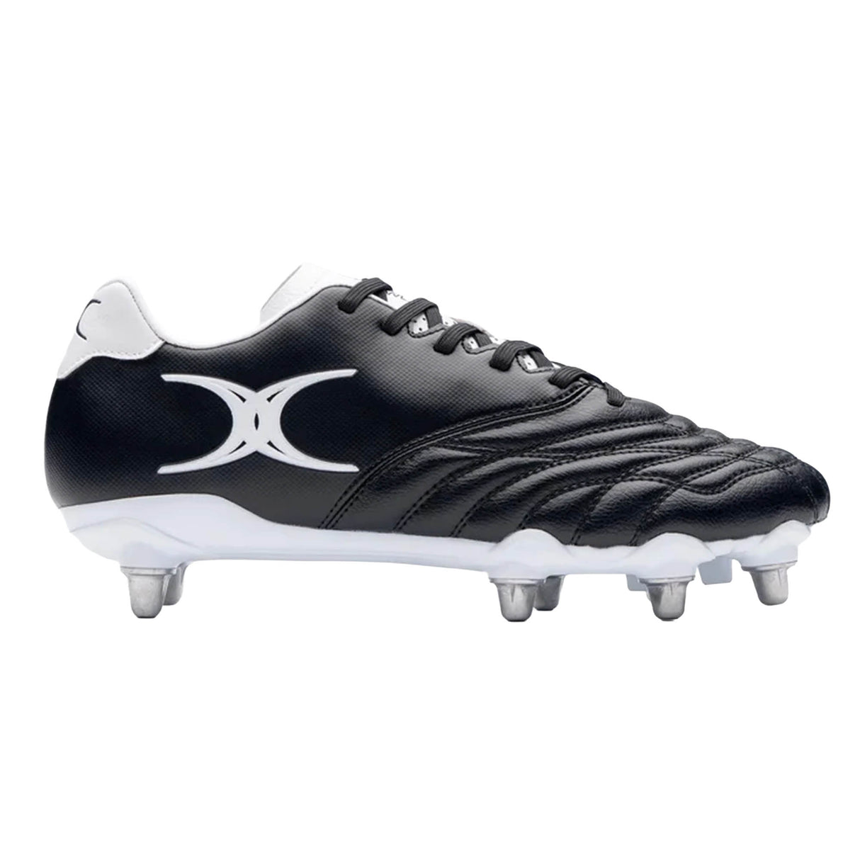 The Gilbert Sidestep Icon 8S SG - Black/White rugby boots by Gilbert showcase a stylish black and white design with metal studs, a distinctive white logo on the side, and black laces. Designed for optimal performance on soft ground, these boots are displayed on a plain white background.