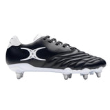 The Gilbert Sidestep Icon 8S SG - Black/White rugby boots by Gilbert showcase a stylish black and white design with metal studs, a distinctive white logo on the side, and black laces. Designed for optimal performance on soft ground, these boots are displayed on a plain white background.