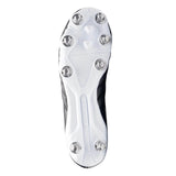 Bottom view of the Gilbert Sidestep Icon 8S SG rugby boot in Black/White, featuring six metal studs, embossed Gilbert branding, and textured grip patterns on the sole for enhanced traction on soft ground.
