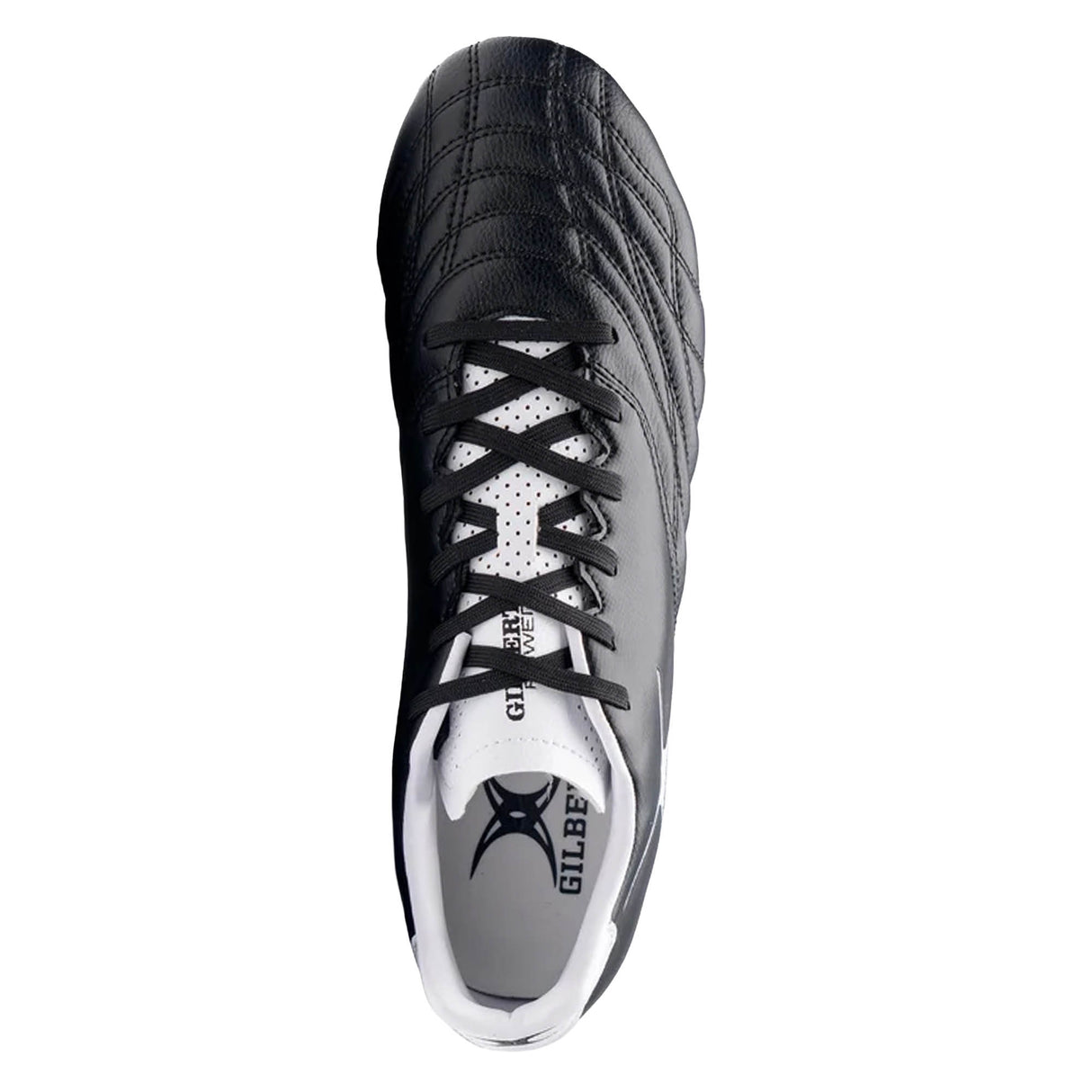 Top view of the Gilbert Sidestep Icon 8S SG rugby boot in black and white, featuring laces, a white interior, and the Gilbert logo on the insole and tongue; designed for soft ground.