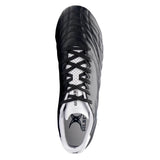 Top view of the Gilbert Sidestep Icon 8S SG rugby boot in black and white, featuring laces, a white interior, and the Gilbert logo on the insole and tongue; designed for soft ground.