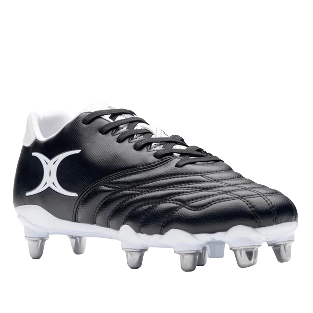 Gilbert Sidestep Icon 8S SG rugby boots in black and white, designed by Gilbert, featuring metal studs for soft ground, a textured upper, black laces, and a white logo on the side.