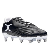 Gilbert Sidestep Icon 8S SG rugby boots in black and white, designed by Gilbert, featuring metal studs for soft ground, a textured upper, black laces, and a white logo on the side.