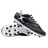 A pair of Sidestep Icon MSX rugby boots by Gilbert in black and white, featuring a synthetic leather upper and a prominent white Gilbert logo—one boot is displayed upright while the other shows the studded sole, designed specifically for firm ground rugby play.