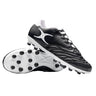 A pair of Sidestep Icon MSX rugby boots by Gilbert in black and white, featuring a synthetic leather upper and a prominent white Gilbert logo—one boot is displayed upright while the other shows the studded sole, designed specifically for firm ground rugby play.