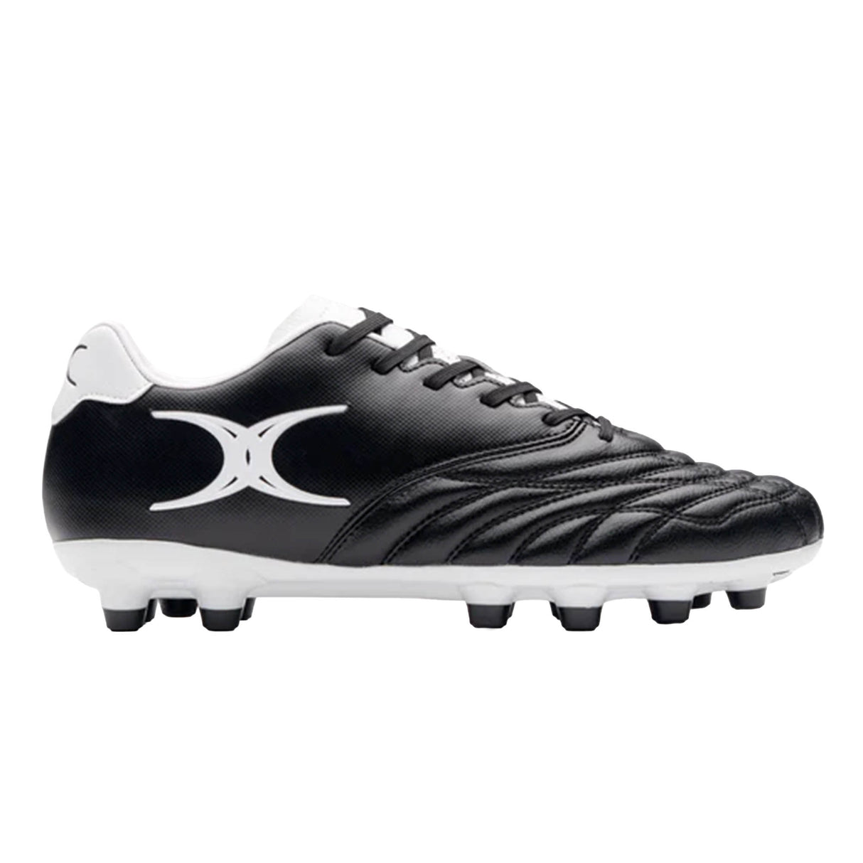 Sidestep Icon MSX by Gilbert in black and white features a synthetic leather upper, a white Gilbert logo on the side, lace-up closure, and molded studs on the sole ideal for firm ground rugby or grass fields.