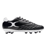 Sidestep Icon MSX by Gilbert in black and white features a synthetic leather upper, a white Gilbert logo on the side, lace-up closure, and molded studs on the sole ideal for firm ground rugby or grass fields.