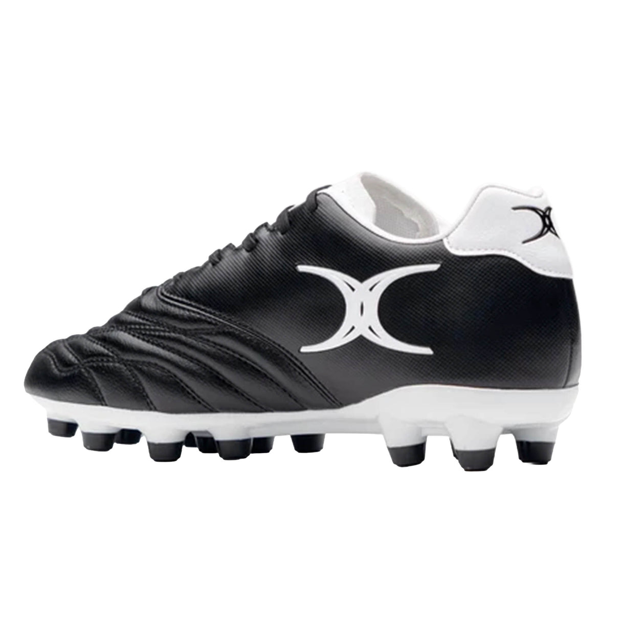 Introducing the Sidestep Icon MSX by Gilbert in Black/White—a high-performance rugby cleat featuring a durable synthetic leather upper and molded studs for excellent traction on grass, with distinctive white Gilbert branding on the side and heel, ideal for firm ground play.