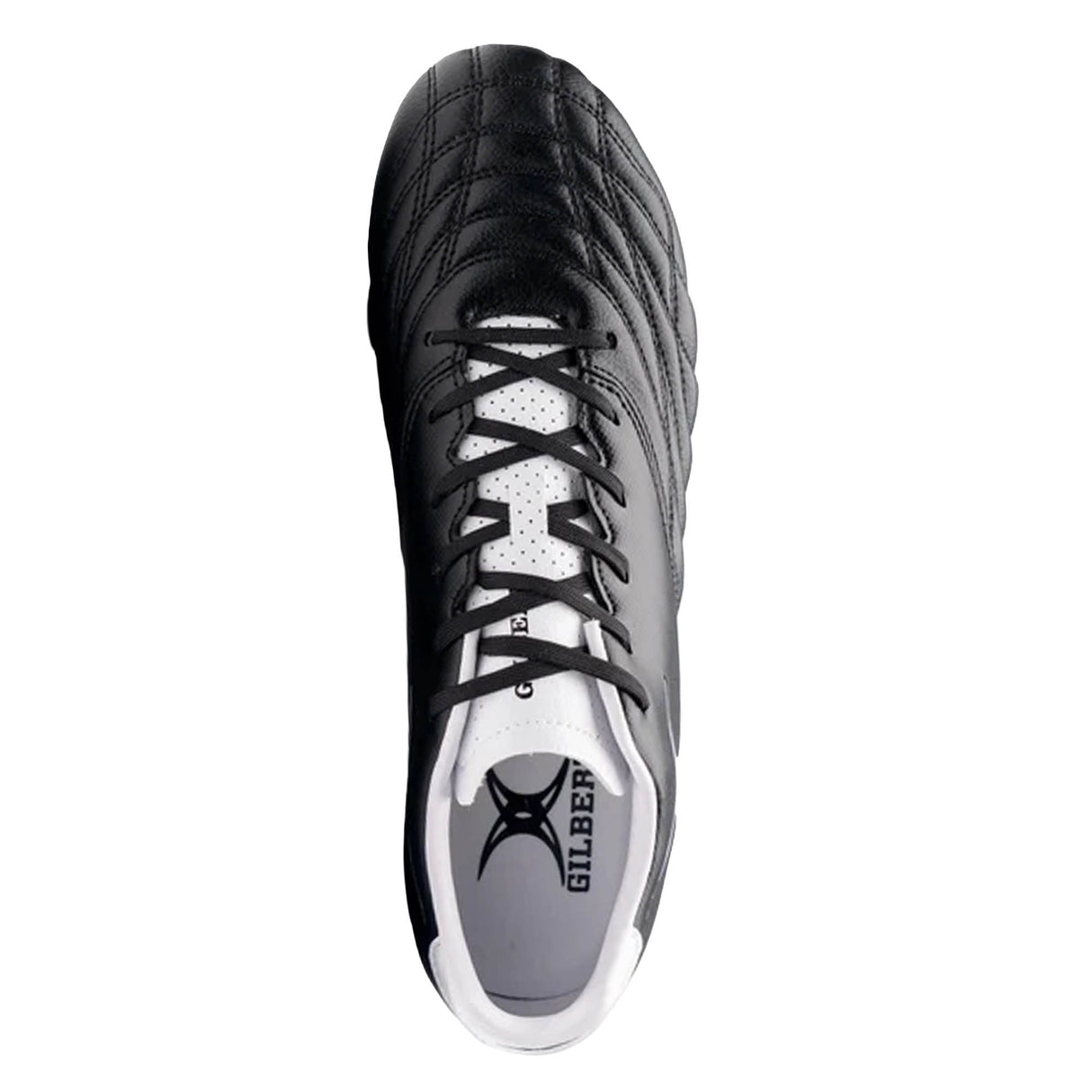 Sidestep Icon MSX by Gilbert rugby boots in black and white, viewed from above, highlighting the laces, detailed stitching, synthetic leather upper, and the Gilbert logo on the insole—ideal for firm ground rugby play.