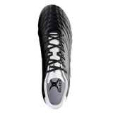 Sidestep Icon MSX by Gilbert rugby boots in black and white, viewed from above, highlighting the laces, detailed stitching, synthetic leather upper, and the Gilbert logo on the insole—ideal for firm ground rugby play.