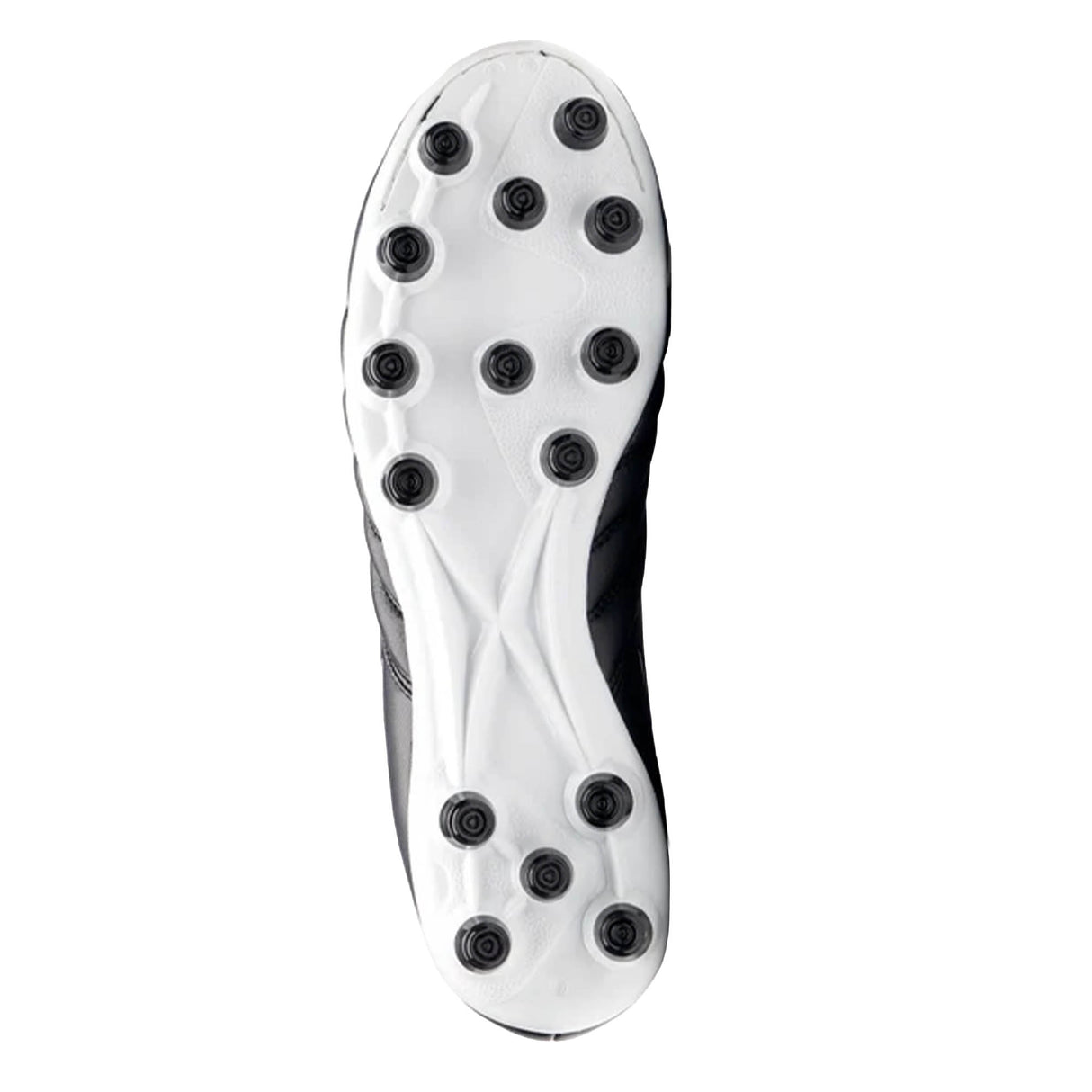 The image displays the sole of the Gilbert Sidestep Icon MSX rugby boot in black and white, featuring twelve black studs strategically positioned for optimal traction on firm ground. The upper is made from durable synthetic leather, combining style and practicality for rugby players.