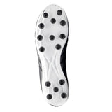 The image displays the sole of the Gilbert Sidestep Icon MSX rugby boot in black and white, featuring twelve black studs strategically positioned for optimal traction on firm ground. The upper is made from durable synthetic leather, combining style and practicality for rugby players.