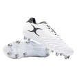 A pair of Gilbert Sidestep Icon 8S rugby boots in White/Black, featuring black laces, a black Gilbert logo, and a durable 8-stud metal stud sole configuration.