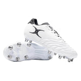 A pair of Gilbert Sidestep Icon 8S rugby boots in White/Black, featuring black laces, a black Gilbert logo, and a durable 8-stud metal stud sole configuration.