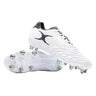 A pair of Gilbert Sidestep Icon 8S rugby boots in White/Black, featuring black laces, a black Gilbert logo, and a durable 8-stud metal stud sole configuration.