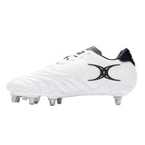 The Gilbert Sidestep Icon 8S SG rugby boots by Gilbert feature a white upper with black logo detailing on the side, black accents around the heel and tongue, and a secure 8-stud metal sole configuration for reliable traction and style on the field.