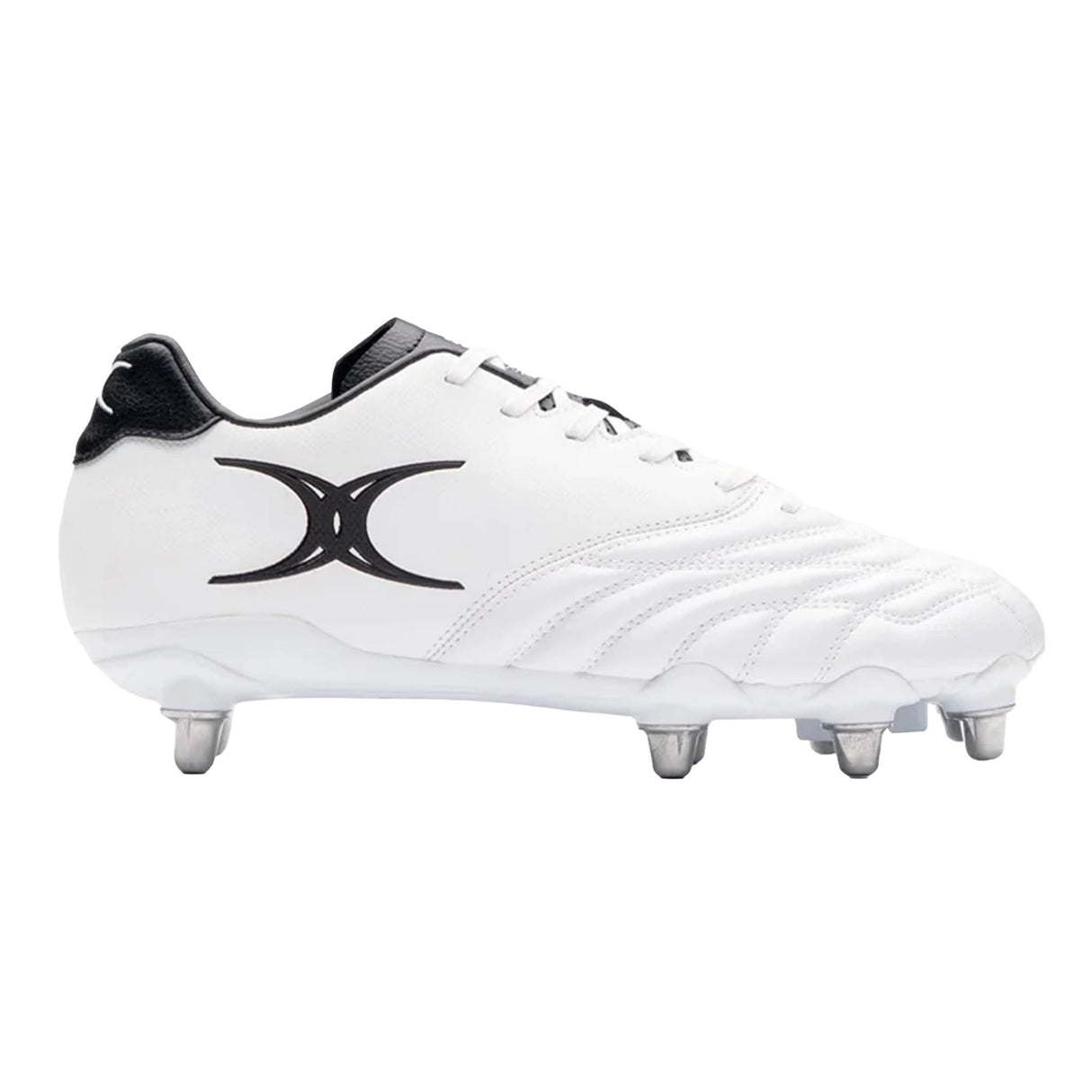 Gilbert Sidestep Icon 8S SG rugby boots in White/Black, featuring black detailing including a large black Gilbert logo on the side, a black heel, eight-stud sole configuration with six prominent metal studs, and black laces.