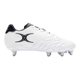 Gilbert Sidestep Icon 8S SG rugby boots in White/Black, featuring black detailing including a large black Gilbert logo on the side, a black heel, eight-stud sole configuration with six prominent metal studs, and black laces.