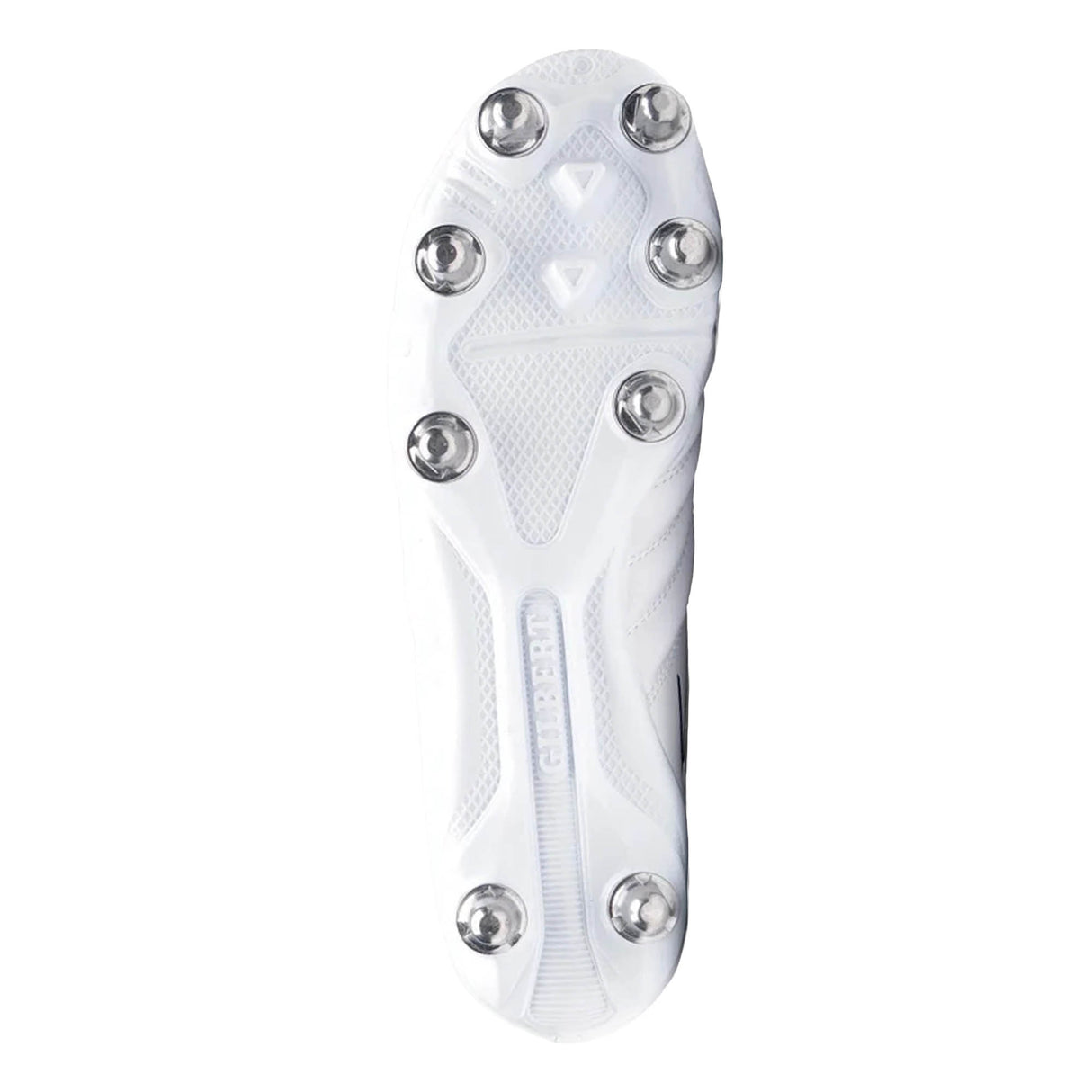 The image shows the sole of the Gilbert Sidestep Icon 8S SG rugby boots in white and black, featuring six metal studs and a textured pattern for enhanced grip and traction.