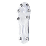 The image shows the sole of the Gilbert Sidestep Icon 8S SG rugby boots in white and black, featuring six metal studs and a textured pattern for enhanced grip and traction.