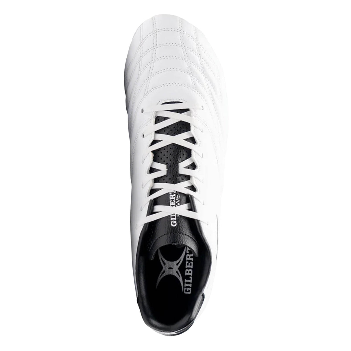 Top view of the Gilbert Sidestep Icon 8S SG rugby boot in White/Black, showcasing its 8-stud soleplate, black inner lining, white laces, and visible upper stitching details.