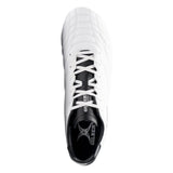 Top view of the Gilbert Sidestep Icon 8S SG rugby boot in White/Black, showcasing its 8-stud soleplate, black inner lining, white laces, and visible upper stitching details.