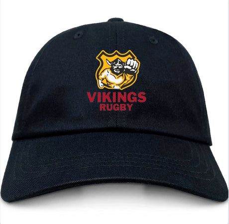 The Seattle Vikings Rugby Dad Cap by EMB S&S Activewear features a yellow and white viking logo above bold "VIKINGS RUGBY" text on the front—perfect for true Seattle Vikings fans.