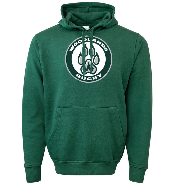 The WRS Augusta Woodlands Youth Paw Print Hoodie features a front pocket, paw print logo, and "WOODLANDS RUGBY" text—ideal fan wear for young supporters.