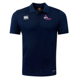 The Girls Rugby Club Dry Polo by EMB Canterbury is a navy blue, short-sleeve shirt with "Canterbury" and "girls rugby" logos, featuring Vapodri technology for breathable comfort.