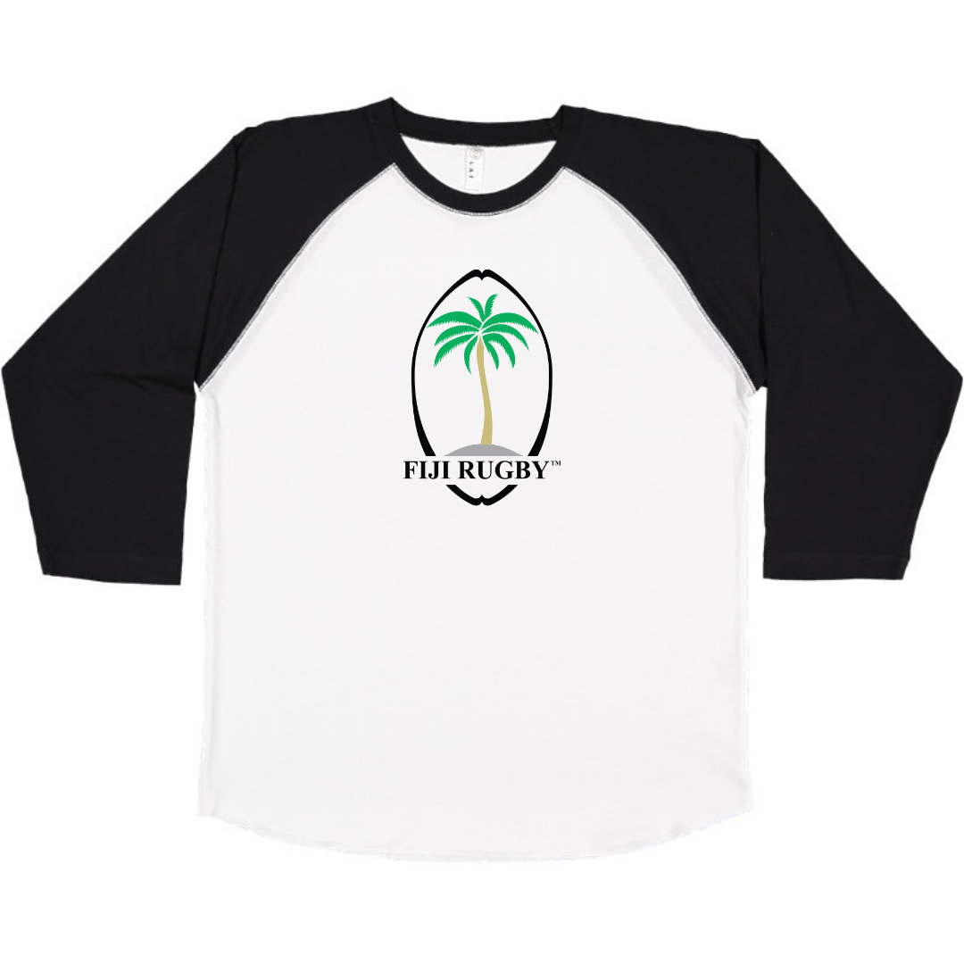 White and black 3/4 sleeve baseball tee with vintage Fiji Rugby logo. 