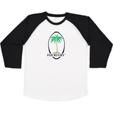 White and black 3/4 sleeve baseball tee with vintage Fiji Rugby logo. 