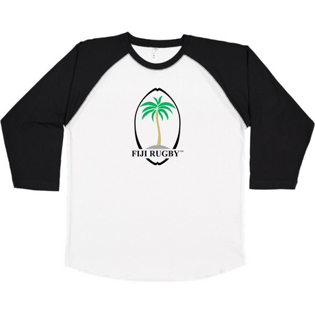 White and black 3/4 sleeve baseball tee with vintage Fiji Rugby logo. 
