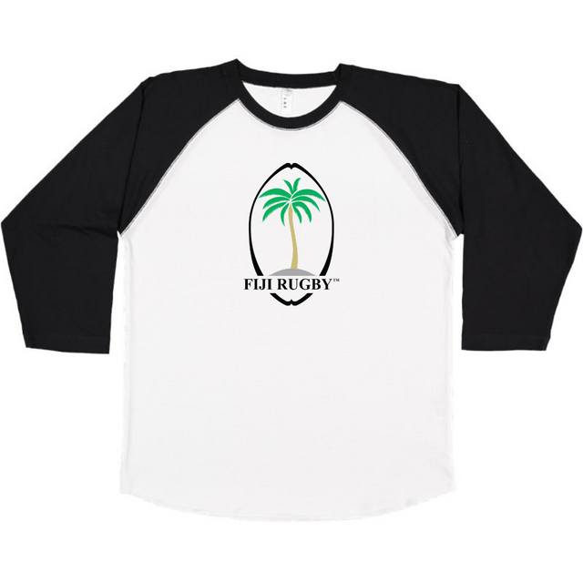 White and black 3/4 sleeve baseball tee with vintage Fiji Rugby logo. 