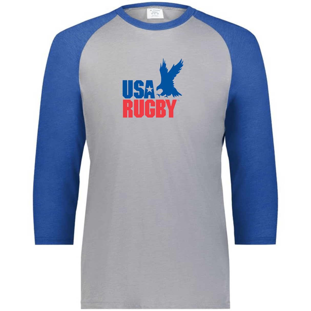 Grey 3/4 raglan sleeve t-shirt with royal blue collar and sleeves and a vintage USA Rugby blue and red logo that incorporates an Eagle and 'USA Rugby' inscription.