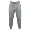The 901 Rugby Leisure Sweatpant by EMB Canterbury is a pair of gray sustainable sweatpants made from recycled polyester fleece, featuring an elastic waistband, drawstring, side pockets, and logos on the right thigh.
