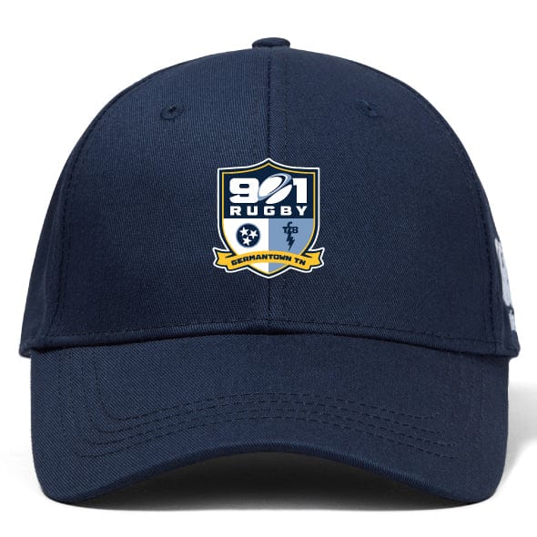 The 901 Rugby Retro Trucker Cap by EMB Alpha Broder features an embroidered "901 Rugby" logo and "Germantown TN" text on the front, complemented by a navy blue design and a snapback closure for the perfect fit.