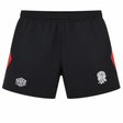 The England Contact Training Short 24/25 by Umbro, from Castore, features black fabric with red side panels, the iconic Umbro logo, and a white rose on the front—ideal for rugby or contact training sessions.