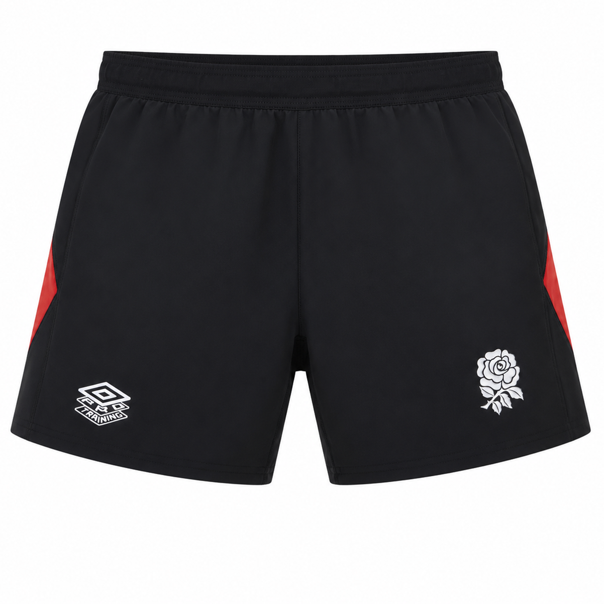 The England Contact Training Short 24/25 by Umbro, from Castore, features black fabric with red side panels, the iconic Umbro logo, and a white rose on the front—ideal for rugby or contact training sessions.