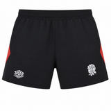 The England Contact Training Short 24/25 by Umbro, from Castore, features black fabric with red side panels, the iconic Umbro logo, and a white rose on the front—ideal for rugby or contact training sessions.