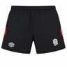 The England Contact Training Short 24/25 by Umbro, from Castore, features black fabric with red side panels, the iconic Umbro logo, and a white rose on the front—ideal for rugby or contact training sessions.