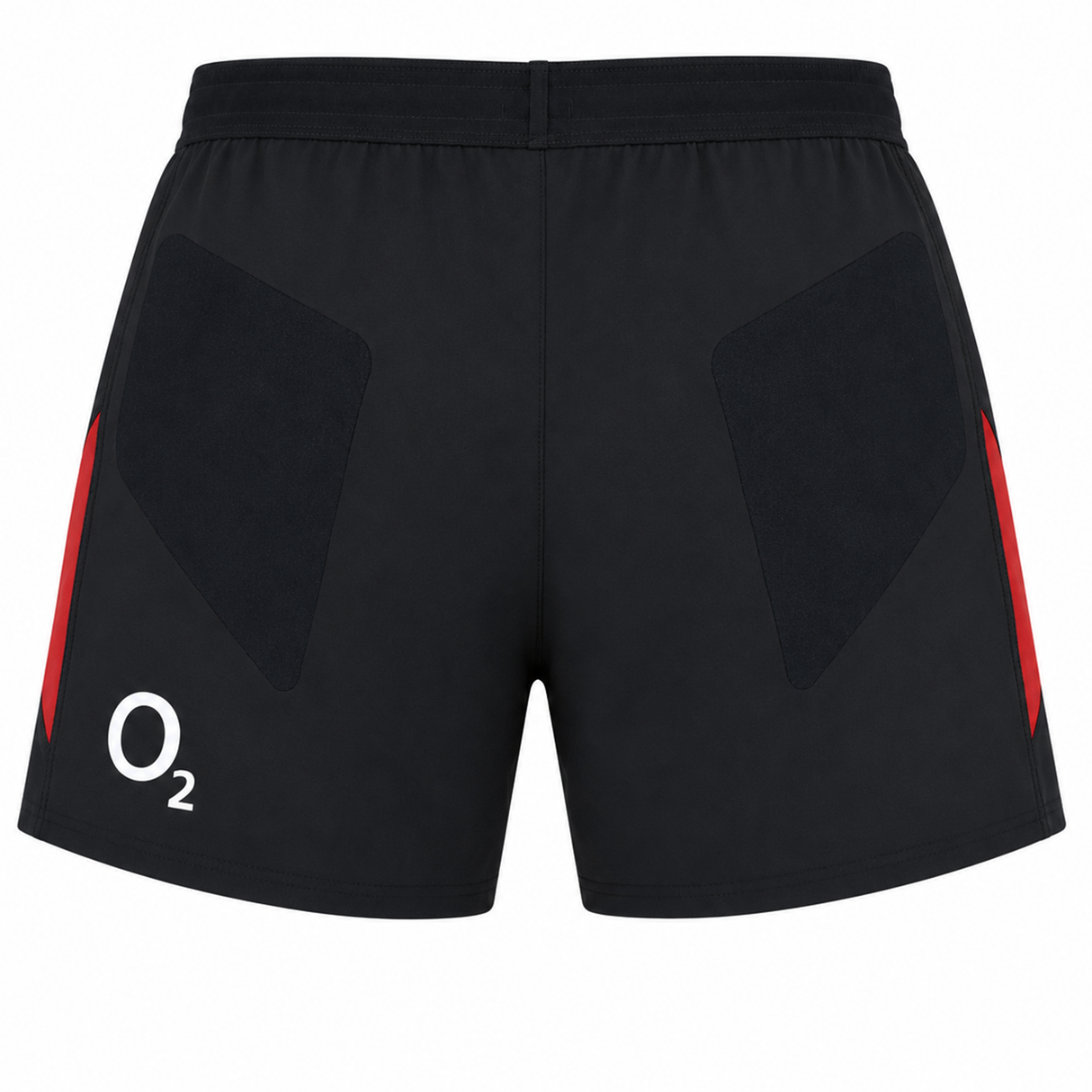 The England Contact Training Short 24/25 by Umbro for Castore features black fabric, red side panels, and an O₂ logo on the lower left leg, shown from the back.