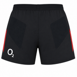 The England Contact Training Short 24/25 by Umbro for Castore features black fabric, red side panels, and an O₂ logo on the lower left leg, shown from the back.
