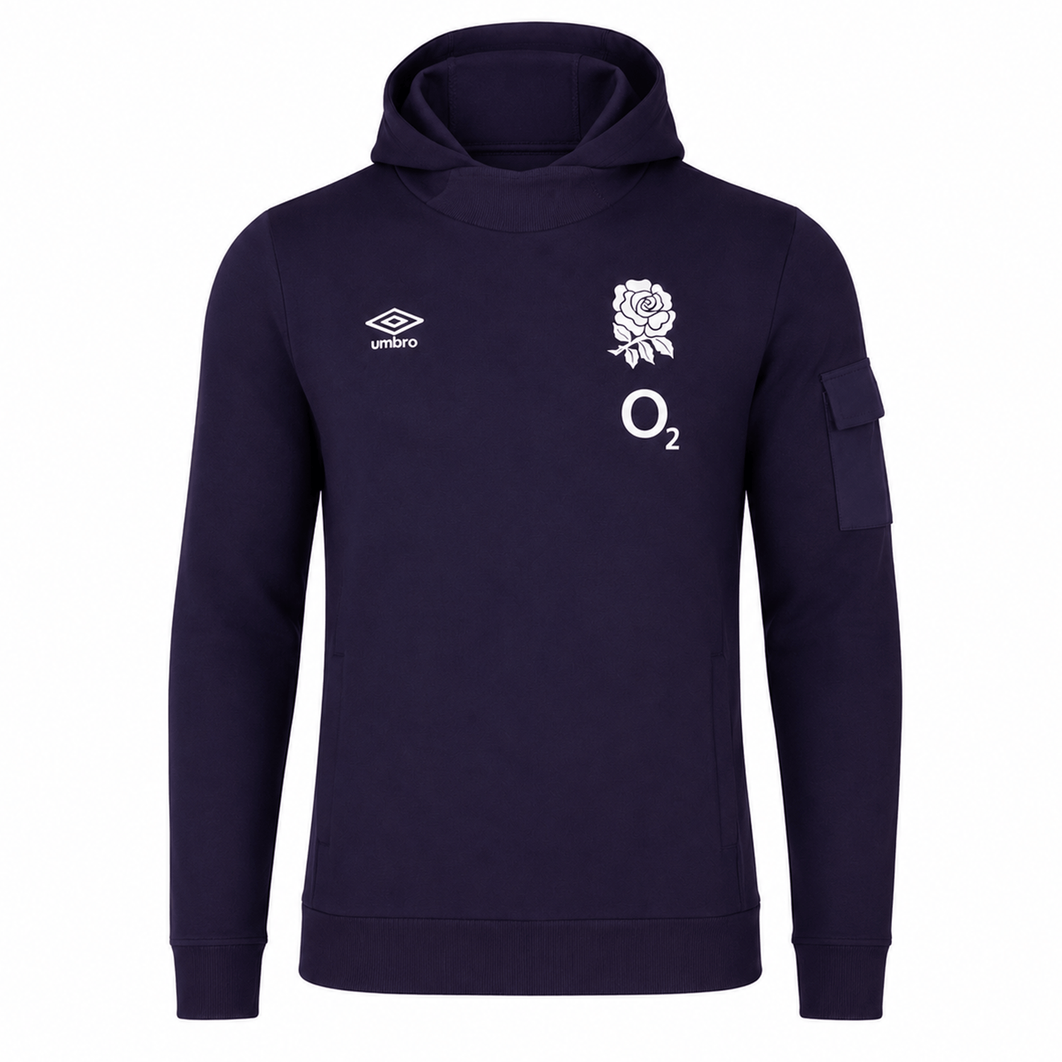 The Women's England 24/25 Presentation OH Hoodie by Umbro is a navy hoodie with the Umbro logo, England Rugby rose, and O2 sponsor on the chest, plus a left sleeve pocket—an iconic pick for fans.
