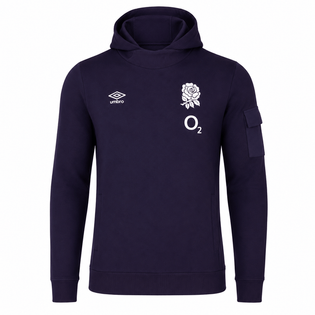 The Women's England 24/25 Presentation OH Hoodie by Umbro is a navy hoodie with the Umbro logo, England Rugby rose, and O2 sponsor on the chest, plus a left sleeve pocket—an iconic pick for fans.