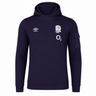 The Women's England 24/25 Presentation OH Hoodie by Umbro is a navy hoodie with the Umbro logo, England Rugby rose, and O2 sponsor on the chest, plus a left sleeve pocket—an iconic pick for fans.