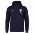 The Women's England Presentation OH Hoodie 24/25 by Umbro, from Castore, features a navy design with the Umbro logo, England rugby rose, and O2 sponsor on the chest plus a left sleeve pocket—a must-have for fans.
