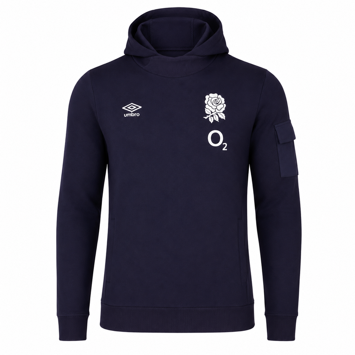 The Women's England Presentation OH Hoodie 24/25 by Umbro, from Castore, features a navy design with the Umbro logo, England rugby rose, and O2 sponsor on the chest plus a left sleeve pocket—a must-have for fans.